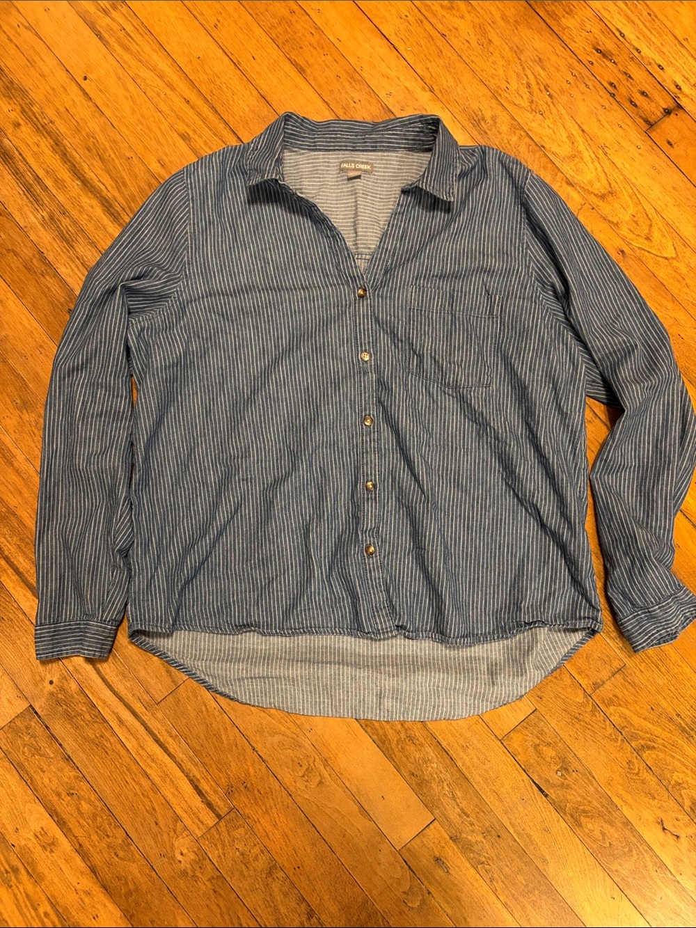 Falls Creek Women’s Blue Striped Button-Down Shirt - light denim/white stripe